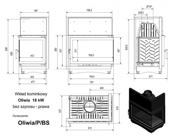 Топка OLIWIA/P/BS, Г-образное стекло справа